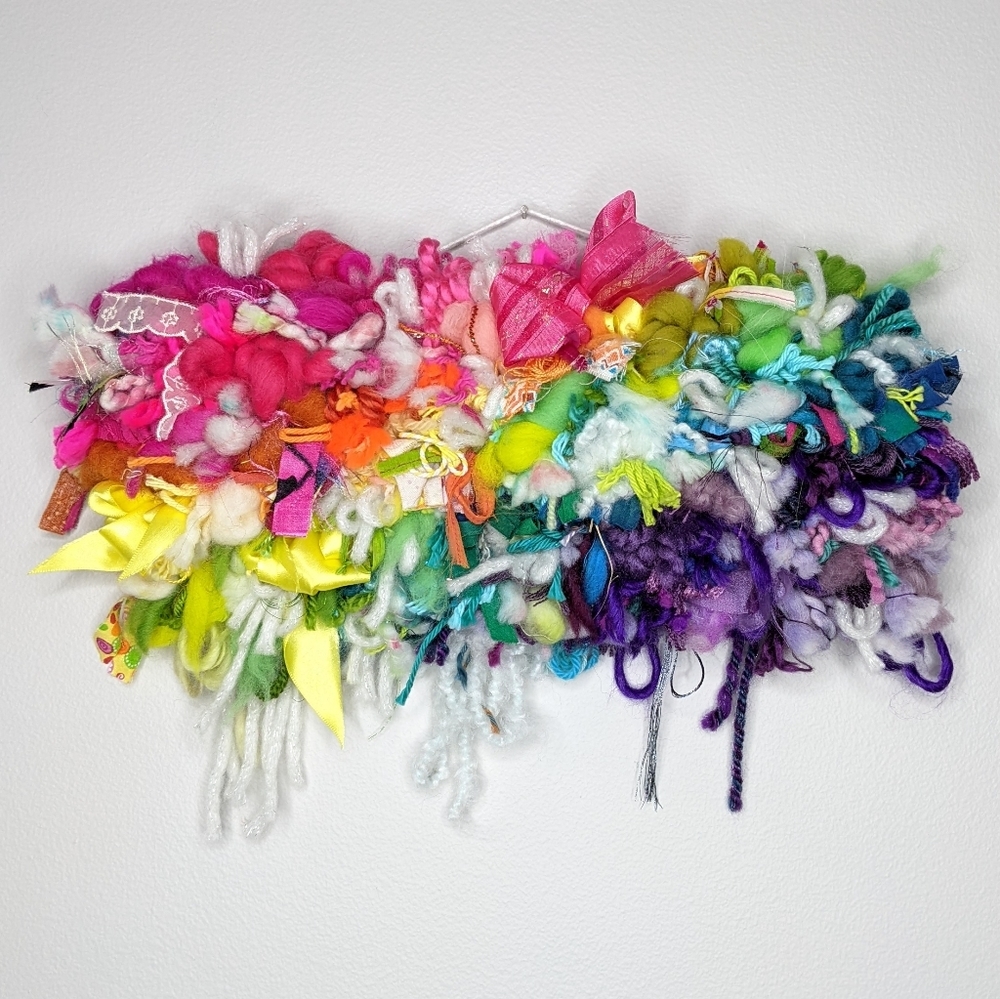 Handmade boho neon rainbow pride scrappy yarn woven wall hanging